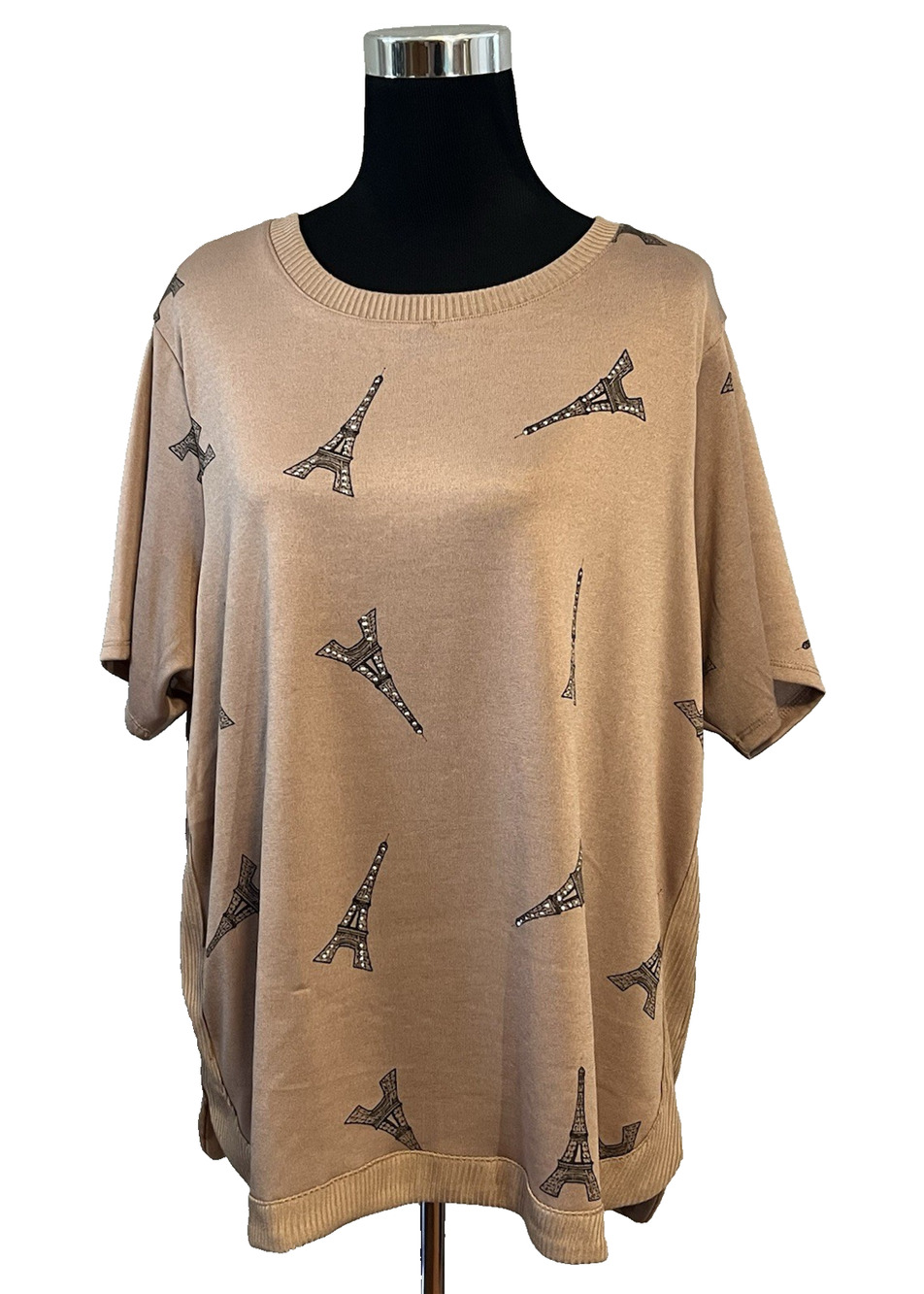 Love & Lace Beige Eiffel Tower Print Sweater Women's 2X Rhinestones Novelty